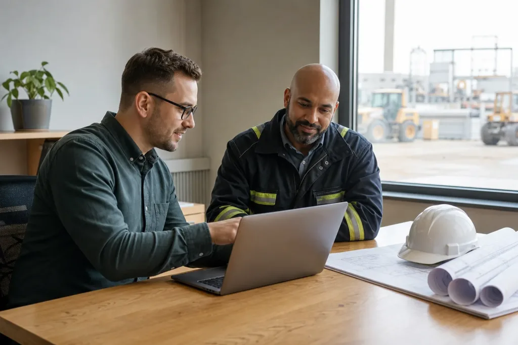 Web designer reviewing a new website with an industrial company owner in Edmonton