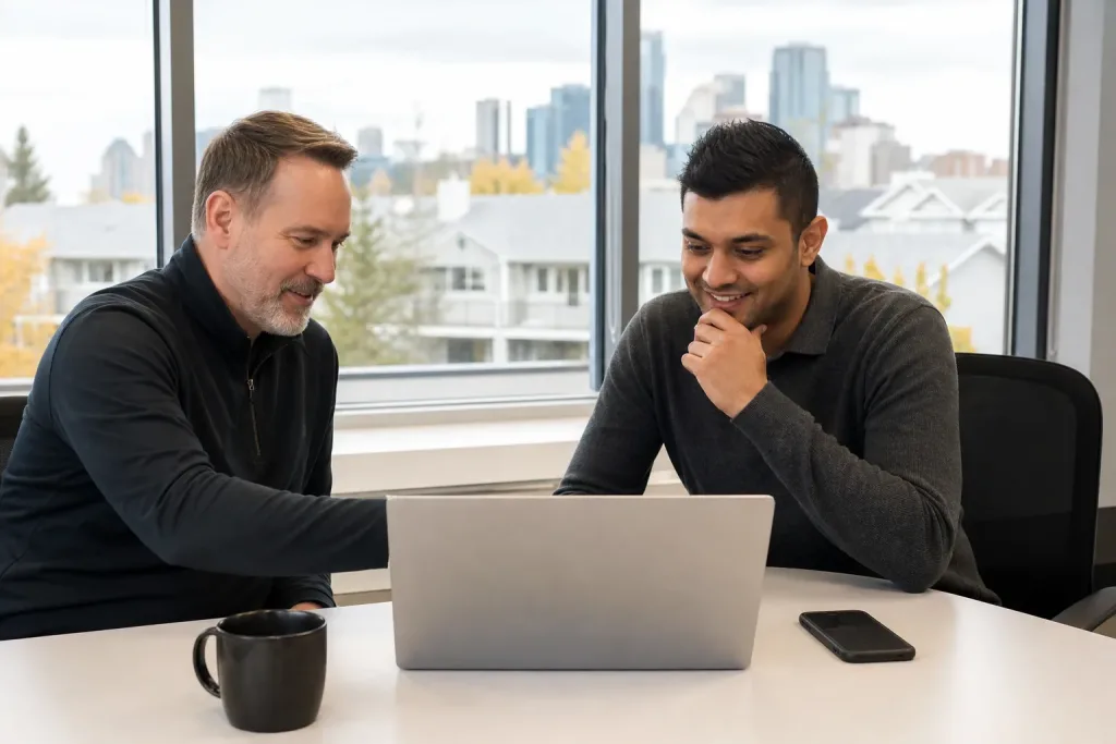 Patch Digital team member reviewing a website design with an oilfield services client in an Edmonton office